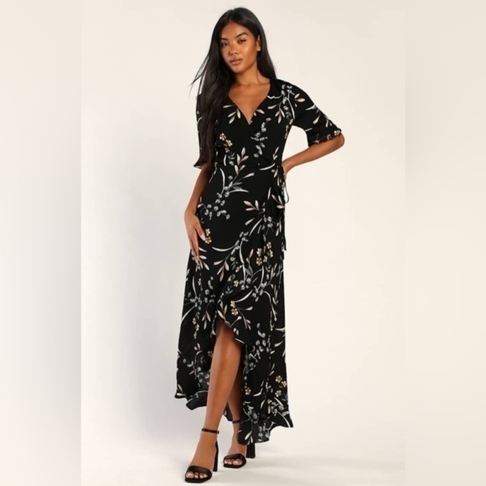 LULU’S WILD WINDS FLORAL PRINT HIGH-LOW WRAP DRESS